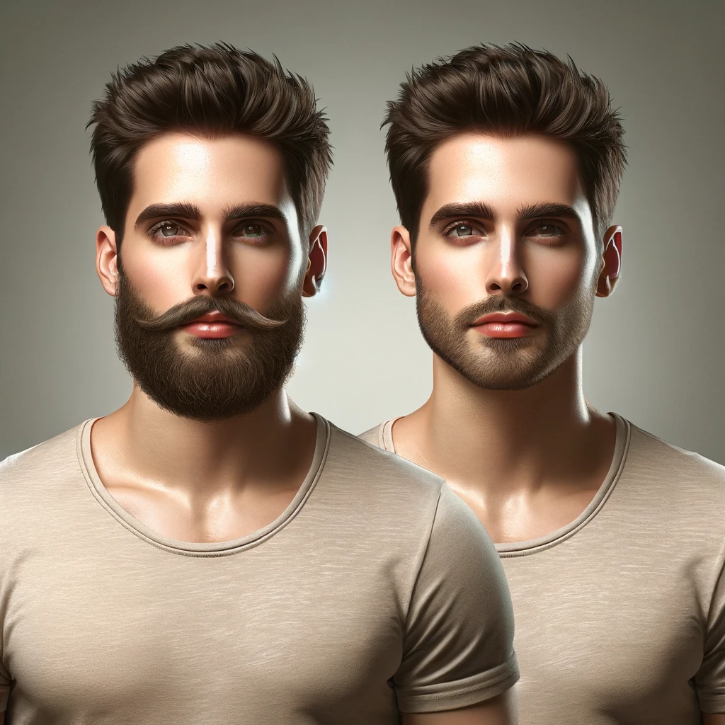 An image depicting two identical twins standing side by side, facing the viewer. One twin has a thick, healthy-looking beard and mustache, symbolizing the successful application of minoxidil, while the other twin, who did not use minoxidil, has noticeably sparser and thinner facial hair. Both twins look exactly alike except for the facial hair difference. The background is neutral, emphasizing the contrast between the brothers, visually representing the study's findings on the potential impact of minoxidil on facial hair growth.