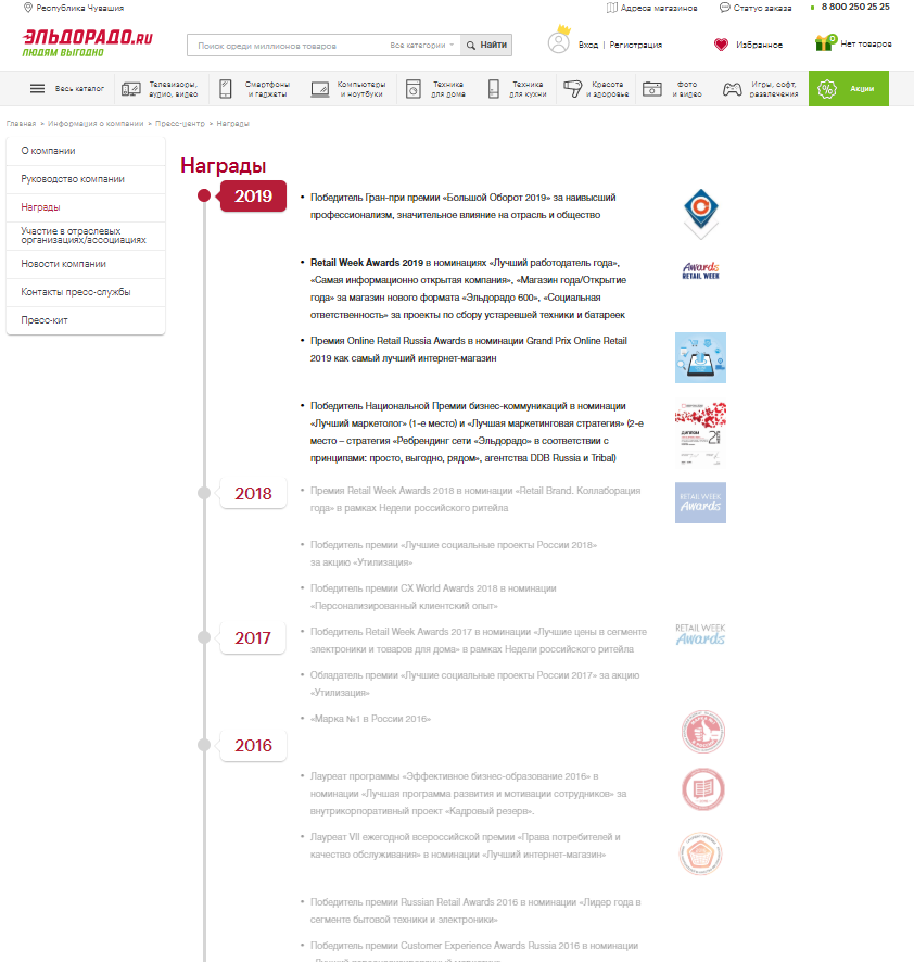 Таймлайн с наградами «Эльдорадо»