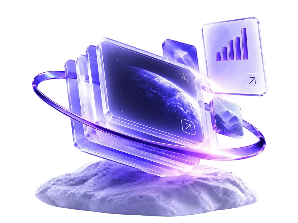 3D иллюстрация: стеклянные панели с интерфейсом, орбита и планета