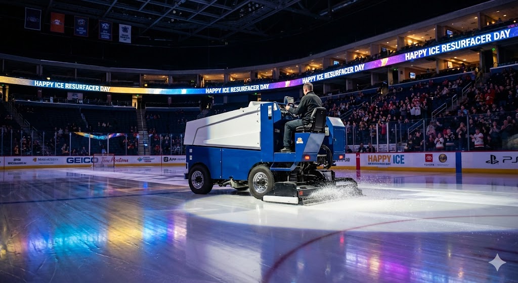 Профессиональный ледовый комбайн полирует поверхность катка в День ледовара