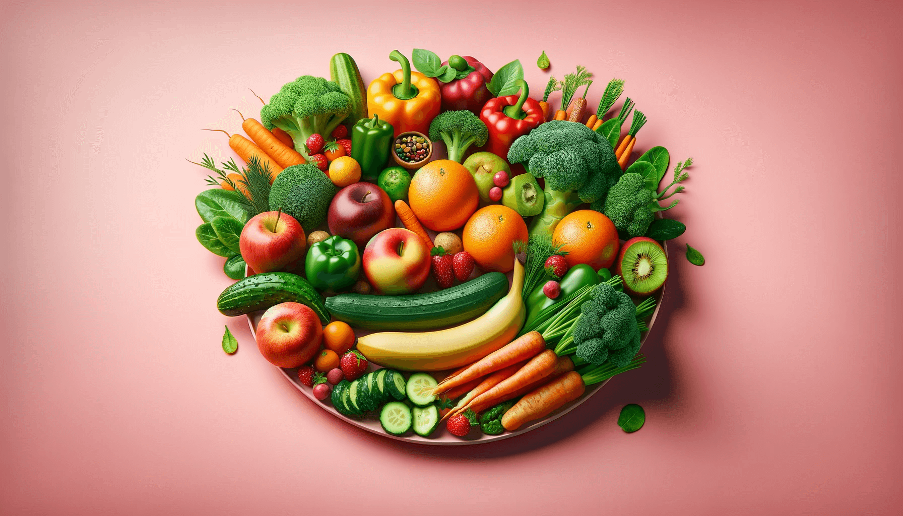 Здоровое питание: огурцы, салат, киви, овощи, фрукты в тарелке на розовом фоне