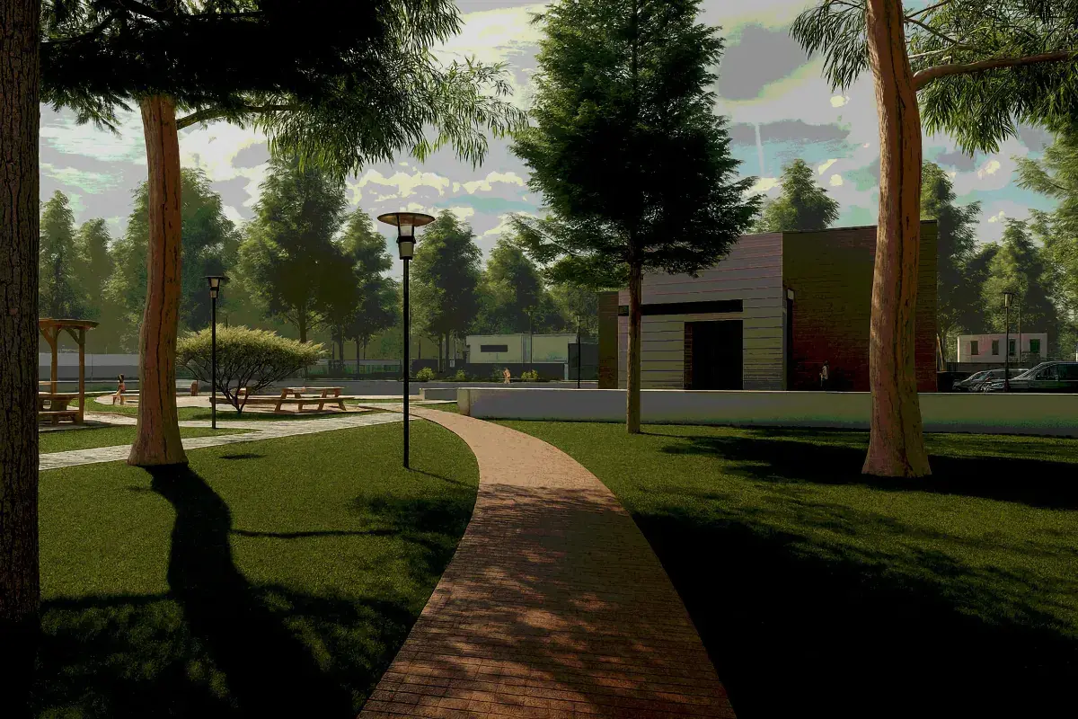 Ландшафт коттеджного поселка НовоТюнево с дорожками, зелеными насаждениями, фонарями и зоной отдыха, создающий атмосферу спокойствия и уюта