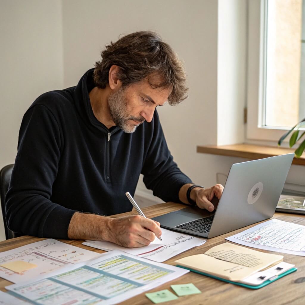 мужчина с ноутбуком делает записи на бумаге