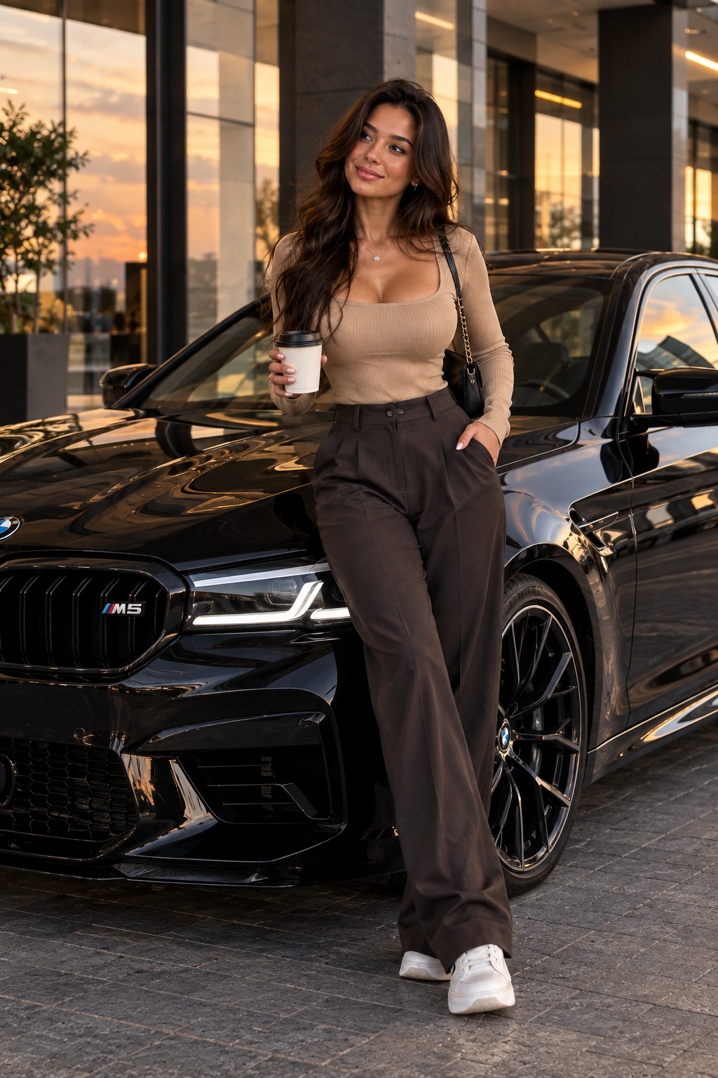 AI-блогер рядом с BMW M5