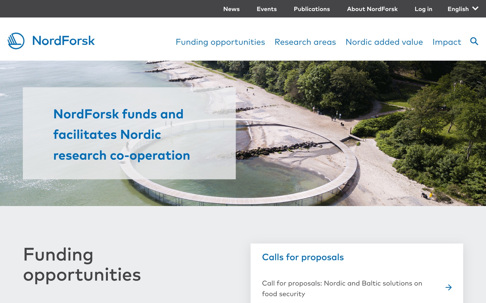 NordForsk homepage screenshot: Nordic research funding organisation