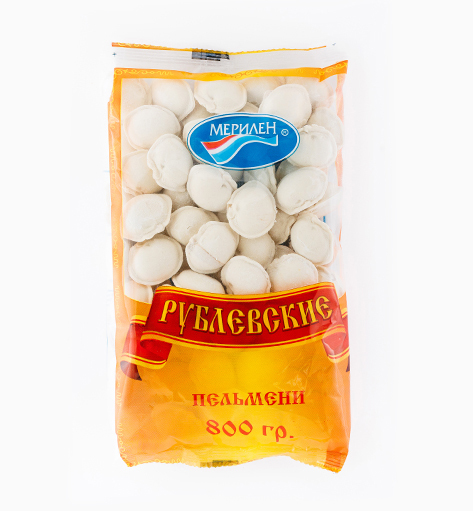 Пельмени «Рублевские» от производителя Мерилен — замороженные полуфабрикаты с начинкой из свинины и шпика. Упаковка: 800 гр.