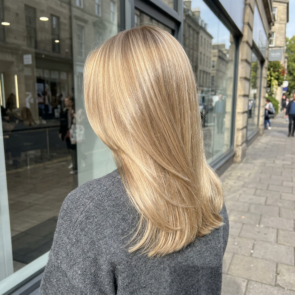 Бежевый блонд на волосах средней длины