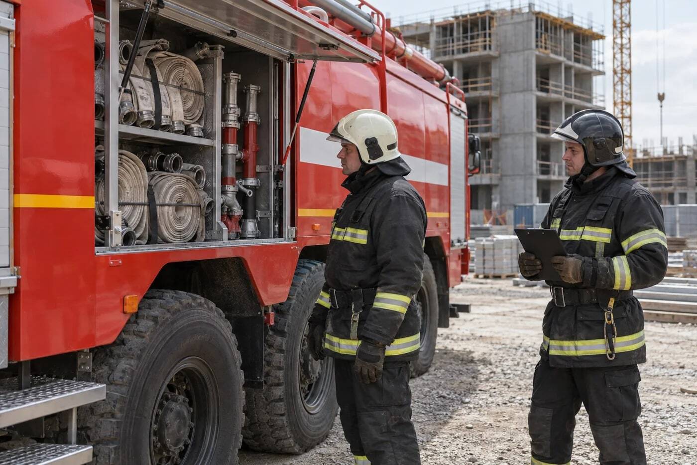 Сотрудники пожарного расчёта проверяют рукава и оборудование автоцистерны.