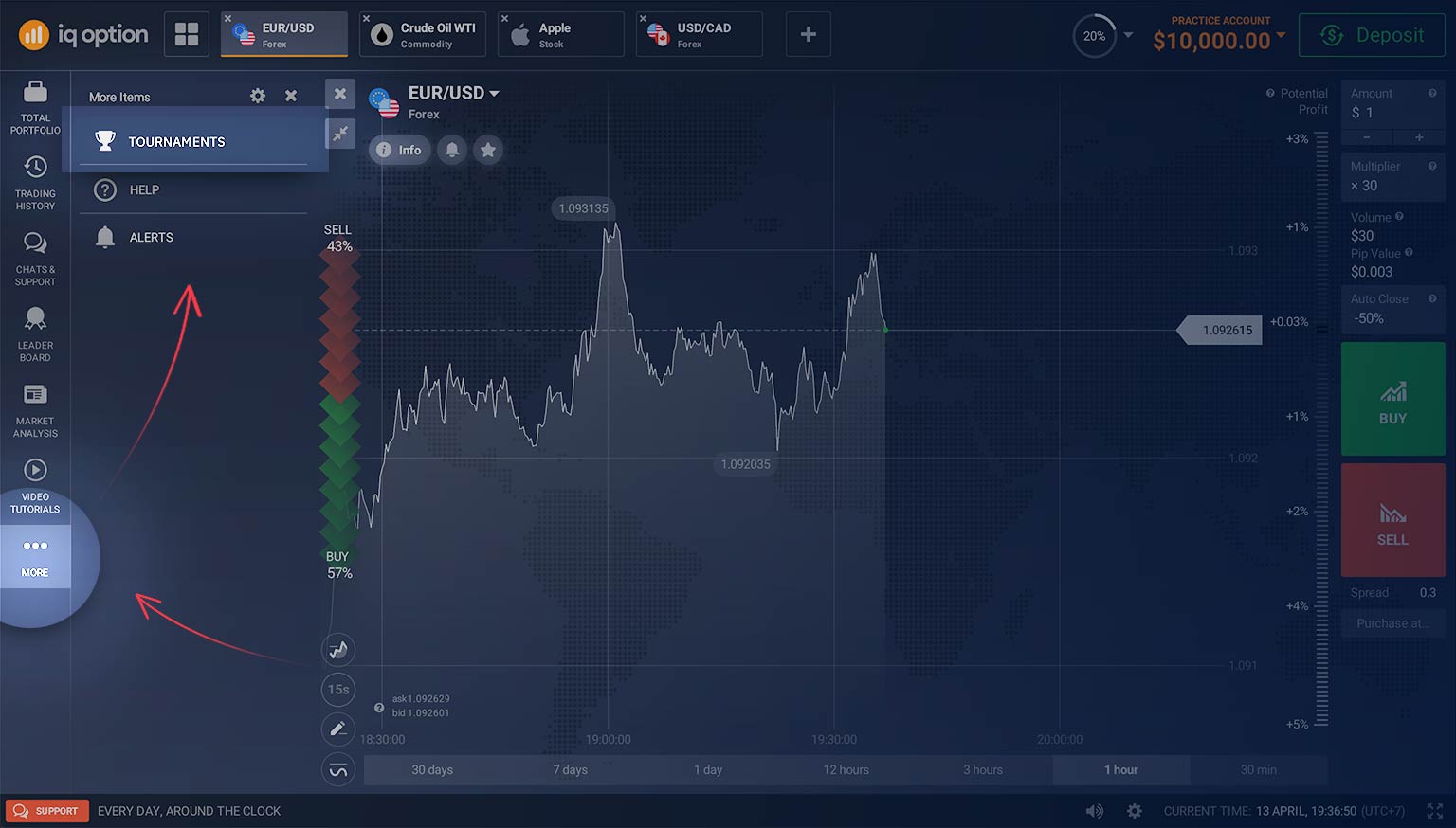 How to find tournaments in the IQ Option platform interface
