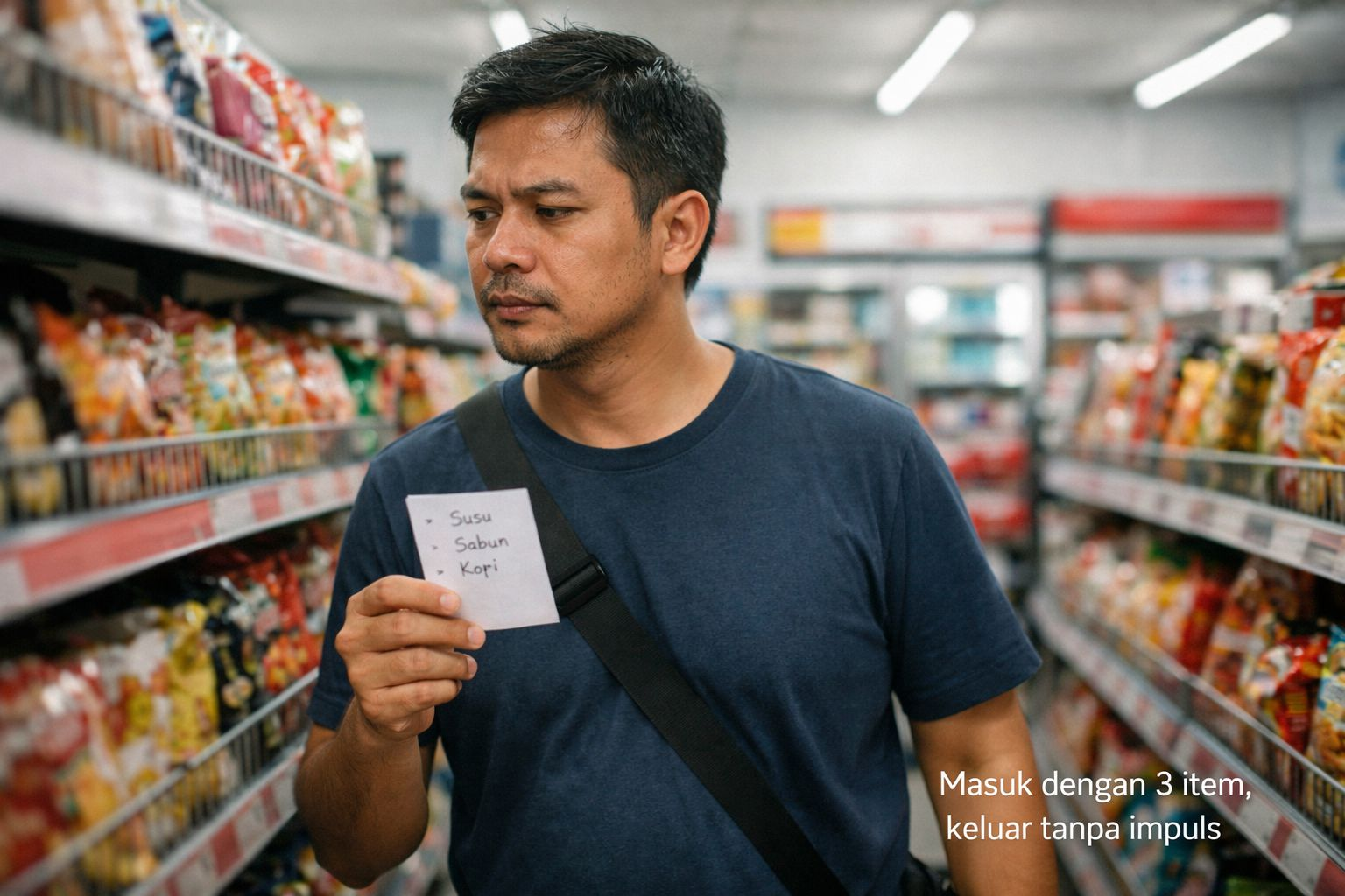 Pria berbelanja di minimarket dengan daftar singkat agar tidak impulsif dan lebih hemat