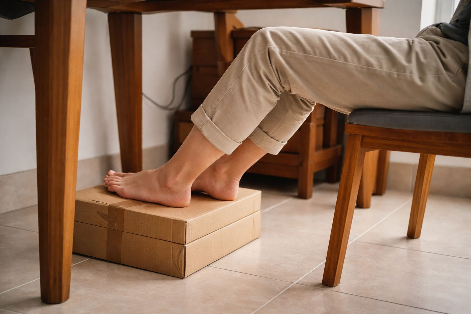 Footrest sederhana dari kardus untuk home office kecil agar kaki menapak lebih nyaman saat duduk bekerja.
