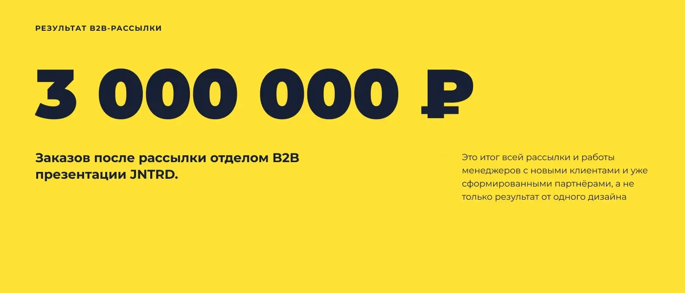 Результат рассылки отдела B2B с презентацией JNTRD: заказы на 3 млн рублей; подпись уточняет, что это итог всей кампании и работы команды.