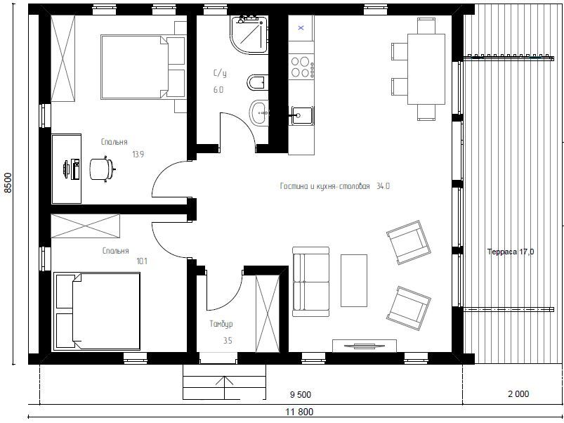 Планировка дома 6 на 6 одноэтажный с санузлом и двумя спальнями