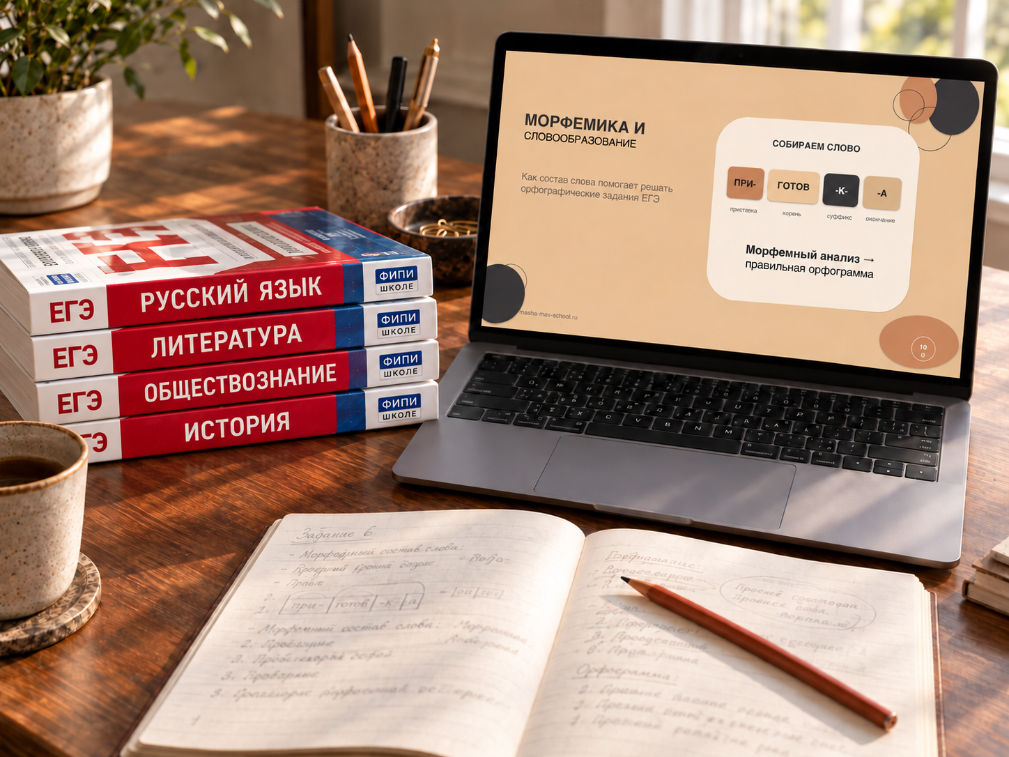 Пособия ЕГЭ по русскому языку, литературе, обществознанию и истории и презентация Masha&Max School на экране ноутбука