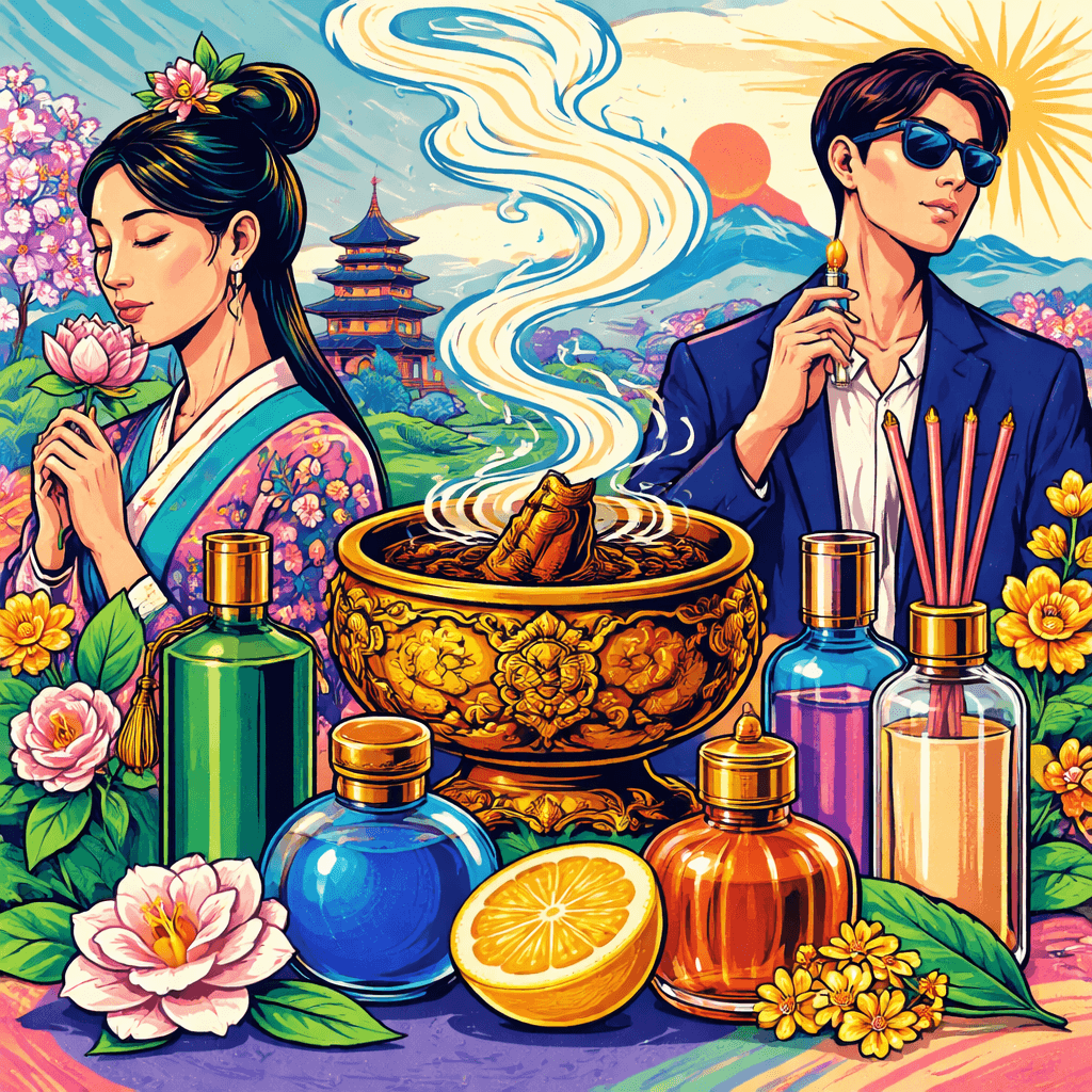 Поп-арт иллюстрация: благовония, парфюмерные флаконы и азиатская эстетика — тема сенсорного маркетинга и ароматов Восточной Азии