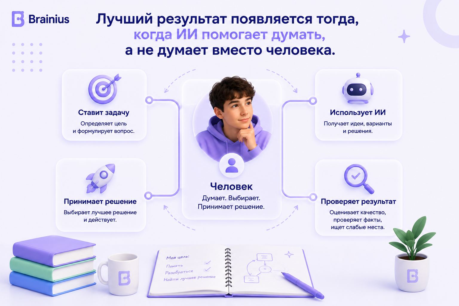 Инфографика Brainius, показывающая, как человек использует искусственный интеллект как инструмент: человек ставит задачу, применяет ИИ, проверяет результат и самостоятельно принимает решение. Концепция иллюстрирует важность критического мышления и осознанного использования ИИ.