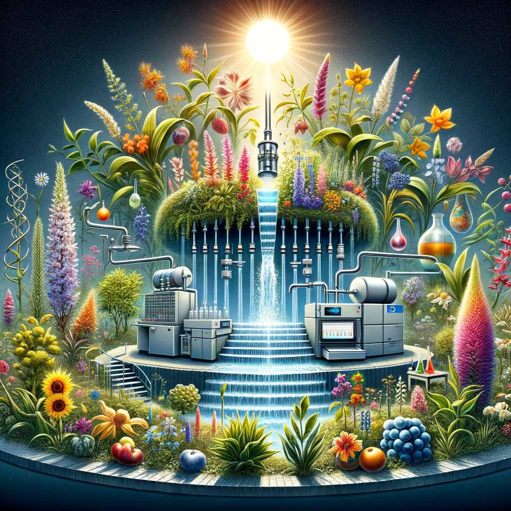 A metaphorical illustration of a 'scientific garden' representing UPLC–ESI–MS analysis. The garden is lush and vibrant, with diverse plants, flowers, and fruits symbolizing different metabolites analyzed by the technology. In the center, a fountain symbolizes the UPLC system, with streams of water representing the mobile phases. The fountain's water nourishes the plants, illustrating the separation and analysis process. Overhead, the sun represents the mass spectrometer, illuminating the garden and revealing the detailed composition of each plant, akin to identifying metabolites in a sample. This image encapsulates the concept of extracting, separating, and identifying compounds in a creative, visual form.