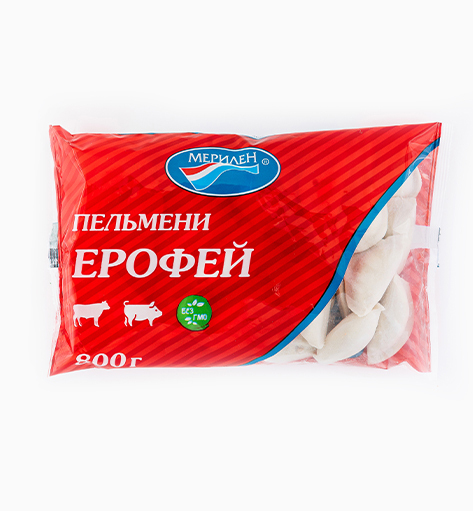 Пельмени «Ерофей» от производителя Мерилен — замороженные полуфабрикаты с начинкой из говядины, свинины и шпика, со специями и чесноком. Упаковка: 800 гр. Традиционный русский вкус.