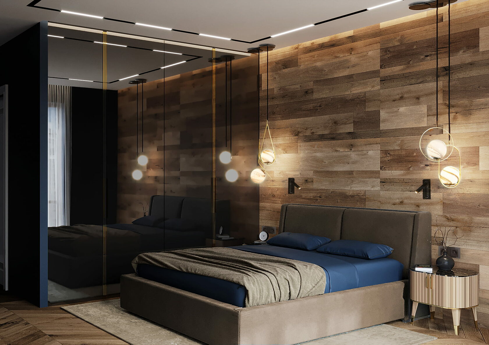 деревянная стена, коричневая кровать, чёрный стеклянный шкаф, магнитный шинопровод на потолке, подвесной светильник
