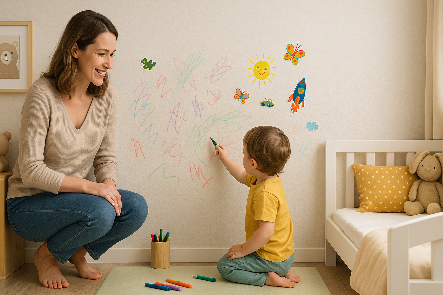 Интерьер современной детской комнаты с мягкими тонами на стенах светлые моющиеся флизелиновые обои