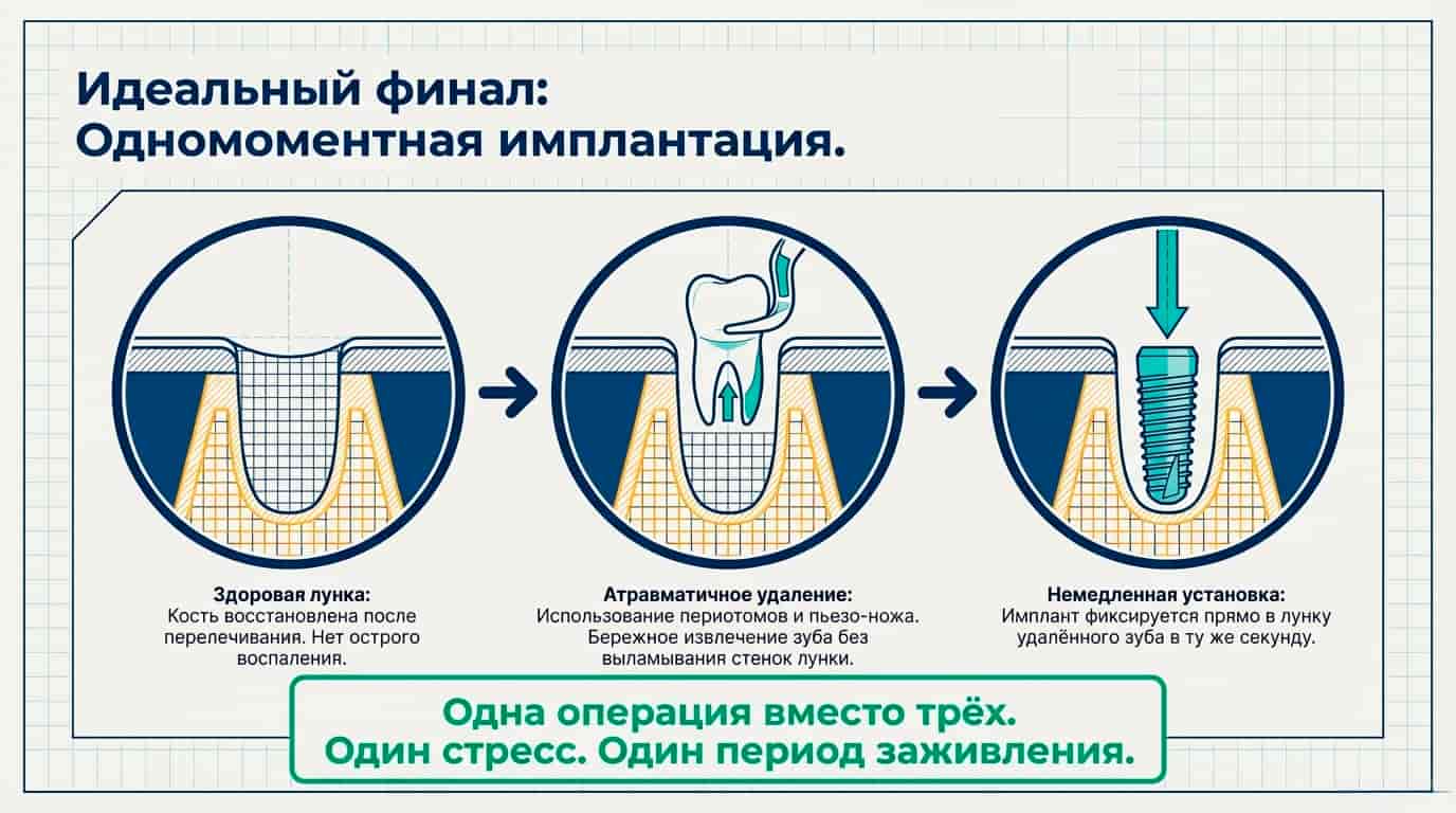 Одномоментная имплантация и атравматичное удаление
