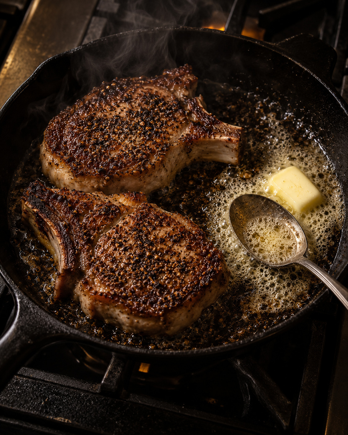 Two pork chops searing in a cast-iron skillet with foaming butter and a spoon for basting
