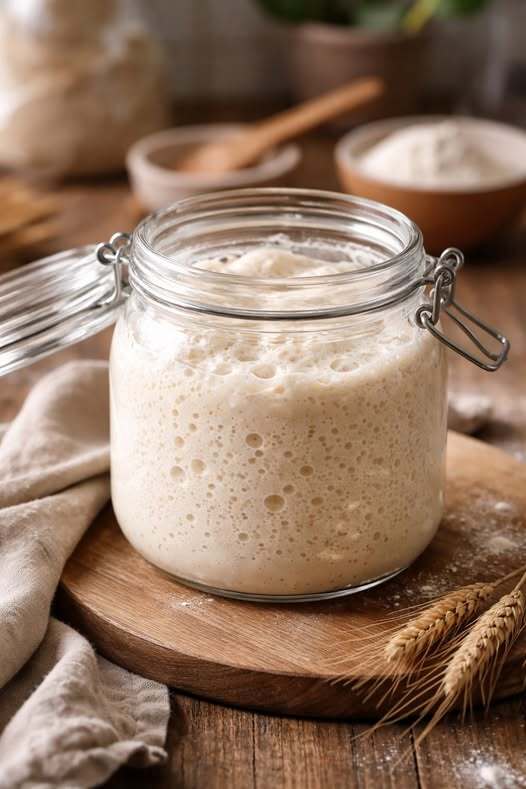 Sourdough starter with bubbles showing signs of fermentation and alcohol smell