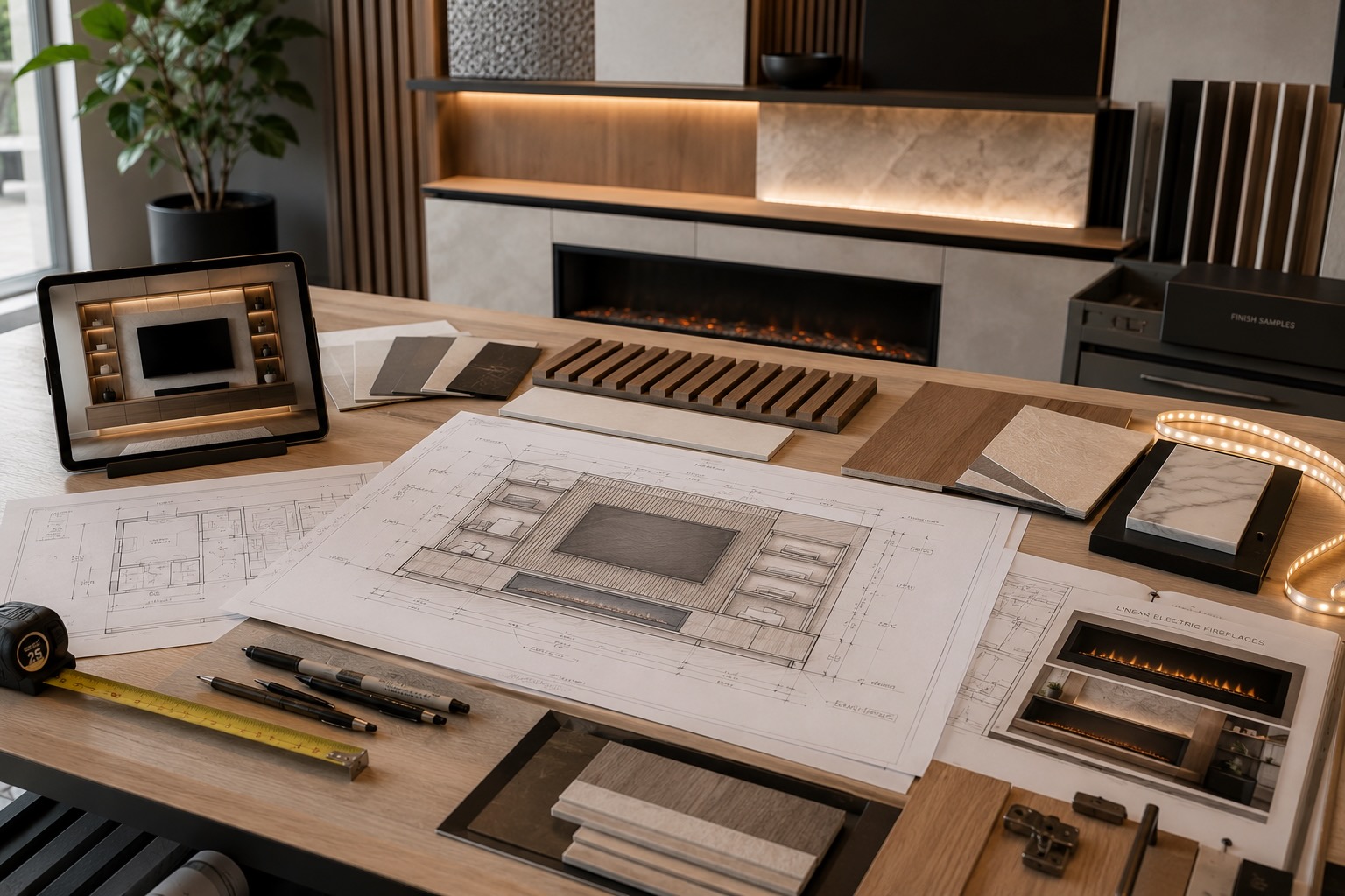 Architectural planning process for a custom TV media wall including drawings, material samples, and cabinetry finishes.