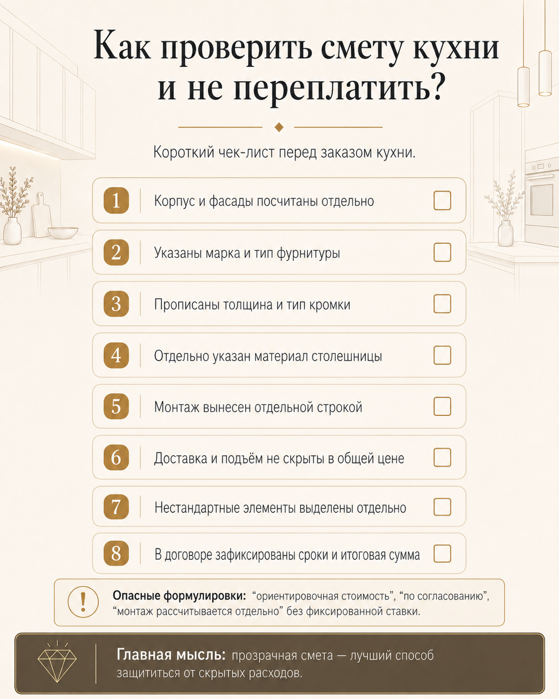 Инфографика: как проверить смету кухни и не переплатить