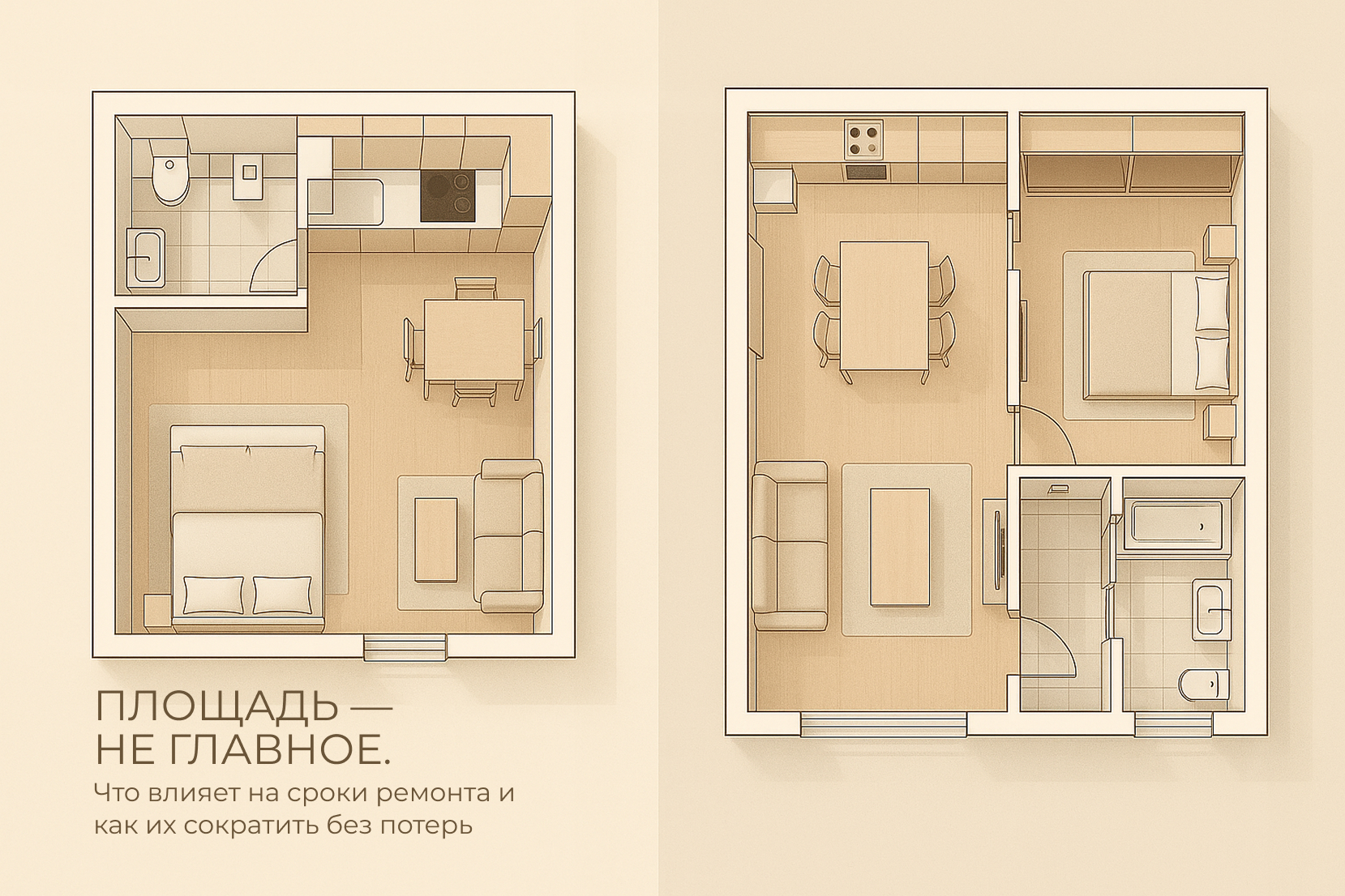 Две планировки квартир, размещённые бок о бок на нейтральном фоне. Слева — компактная студия 25 м² с кроватью, обеденным столом и санузлом. Справа — двухкомнатная квартира 50 м² с отдельной спальней, гостиной, кухней и ванной комнатой. Оформление выполнен