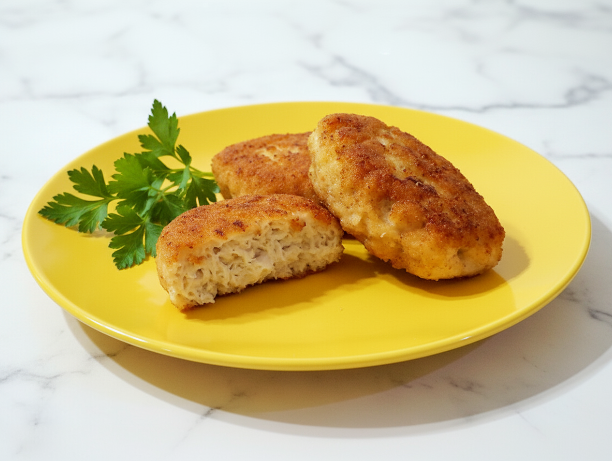 Золотистые куриные котлеты с хрустящей корочкой на тарелке.