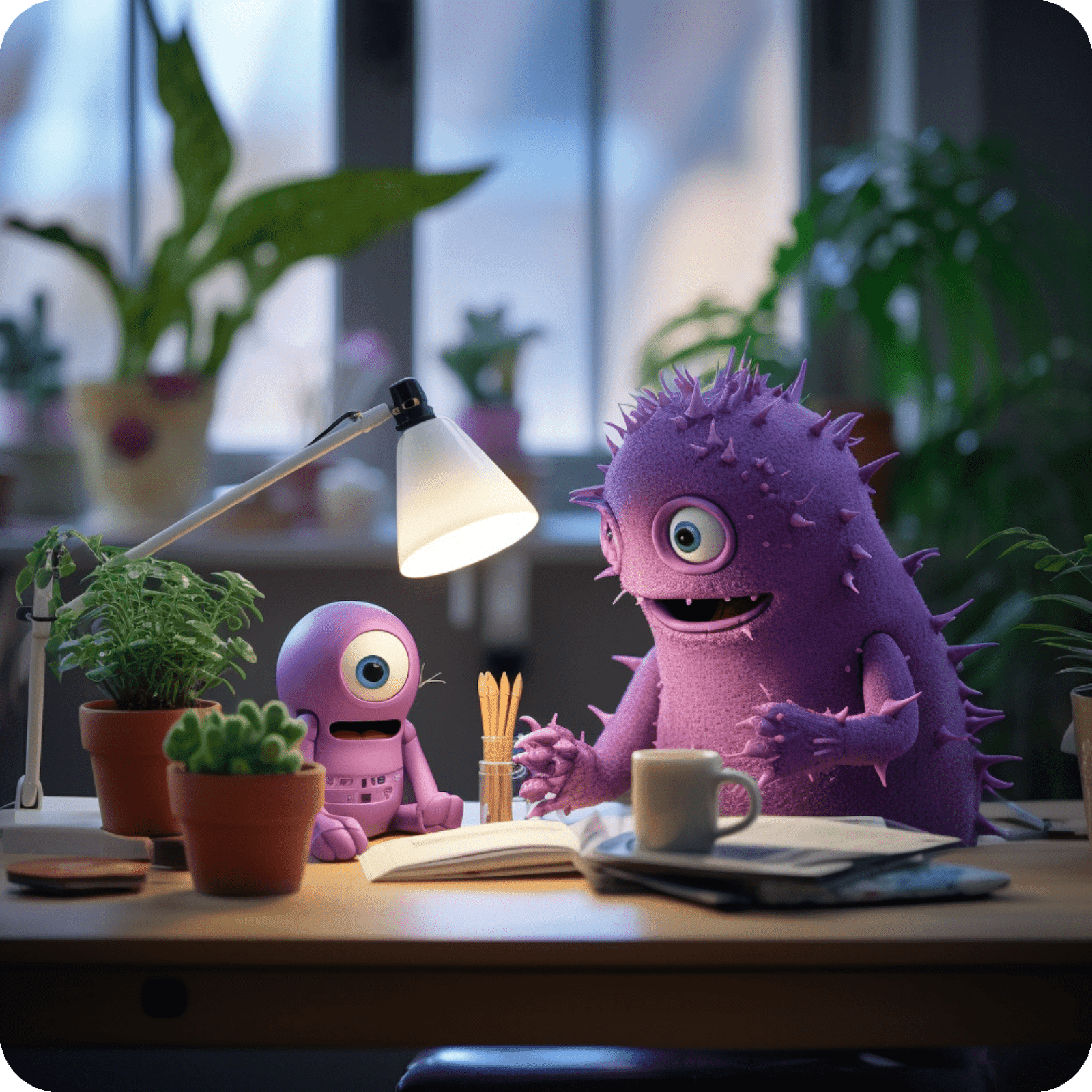 Два мультяшных фиолетовых монстрика - один с двумя большими глаза, другой одноглазый, сидят за столом перед книгой