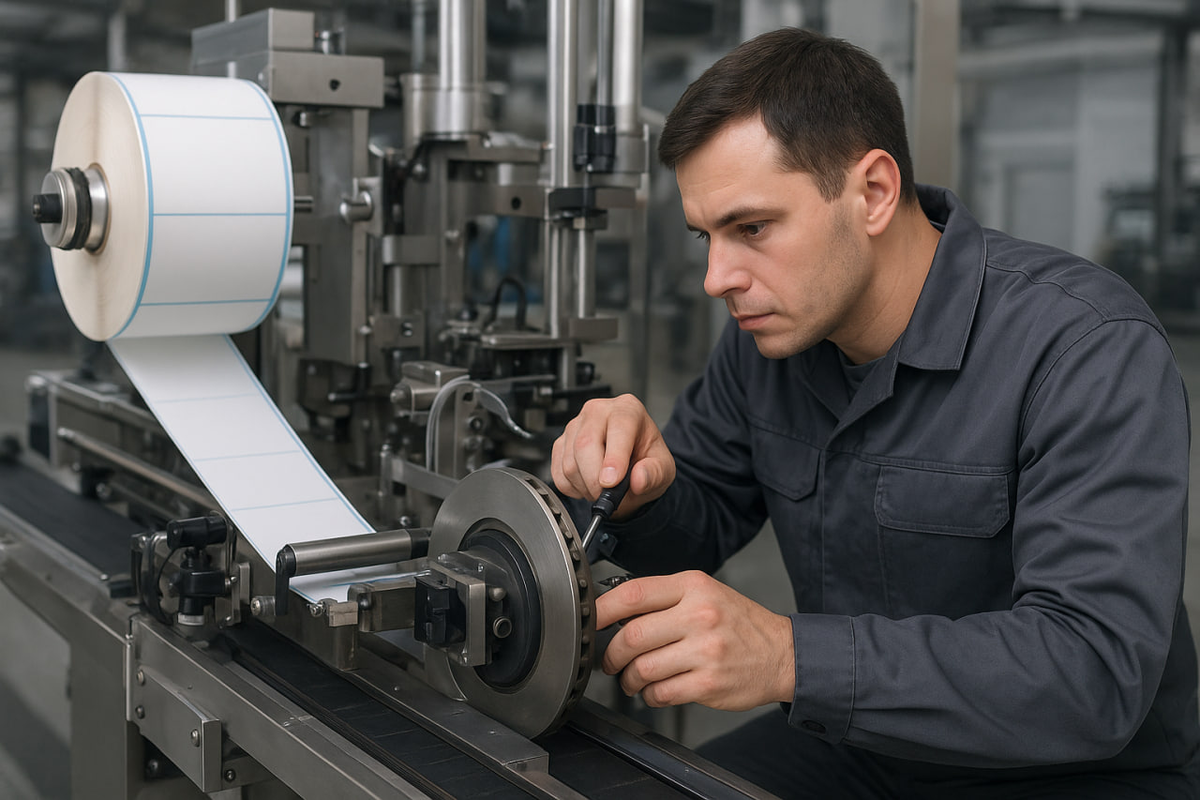 Мастер проводит проверку механических компонентов этикетировщика