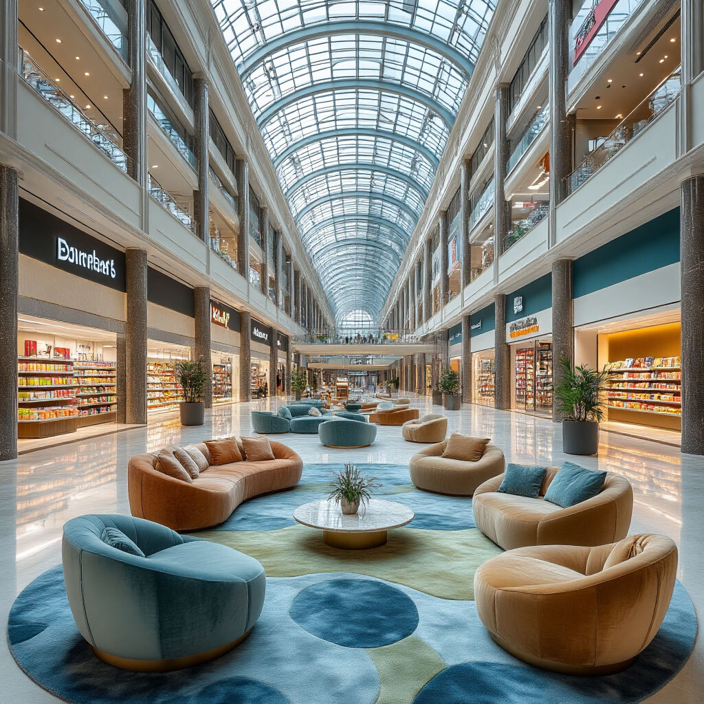 Большой торговый центр с множеством мест для сидения