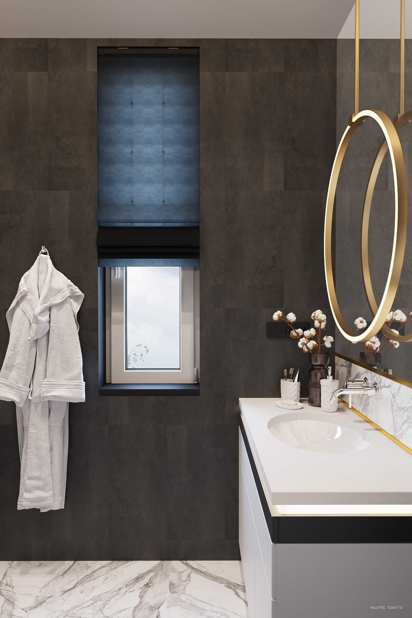 Salle de bain maison moderne avec ambiance sombre et matériaux naturels