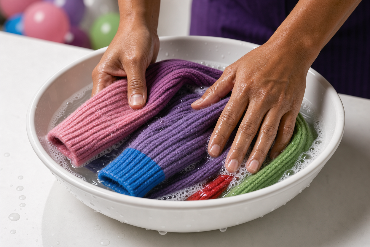 close-up of hands carefully rinsing a wool sweater in a shallow basin, gentle water motion, no visible brands or labels