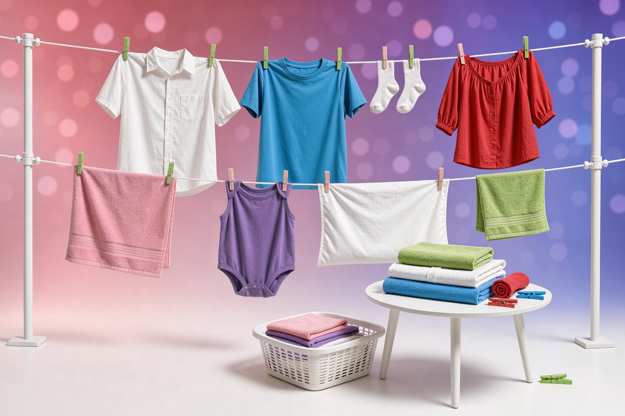 A laundry drying area with clothes hung to air-dry on lines and a small table showing folded items, emphasizing gentle drying