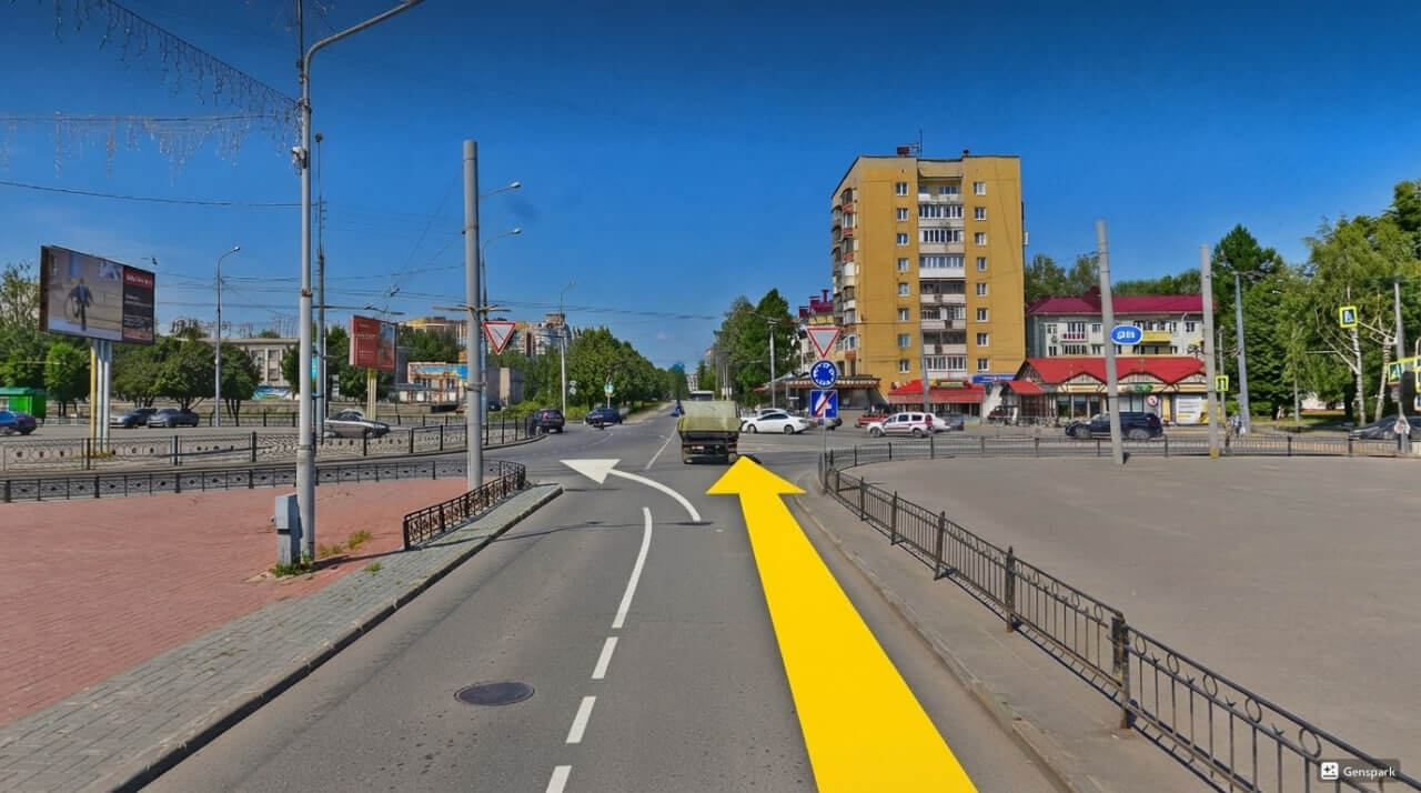 Бульвар Победы в Йошкар-Оле, круговое движение и отдельная полоса для проезда прямо — городские маршруты входят в стоимость обучения категории B