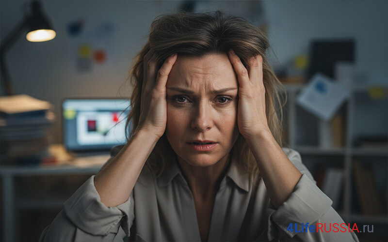 Тревожная женщина держится за голову за рабочим столом дома