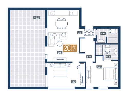 Планировка 2-комнатная 114.1 м²