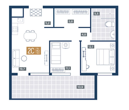 Планировка 2-комнатная 75,1 м²