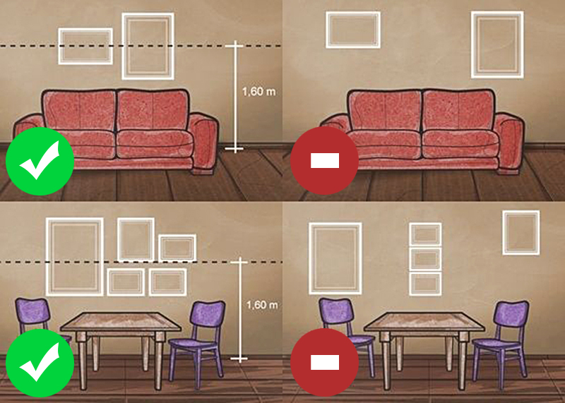 Как правильно вешать картины на стену в квартире по высоте