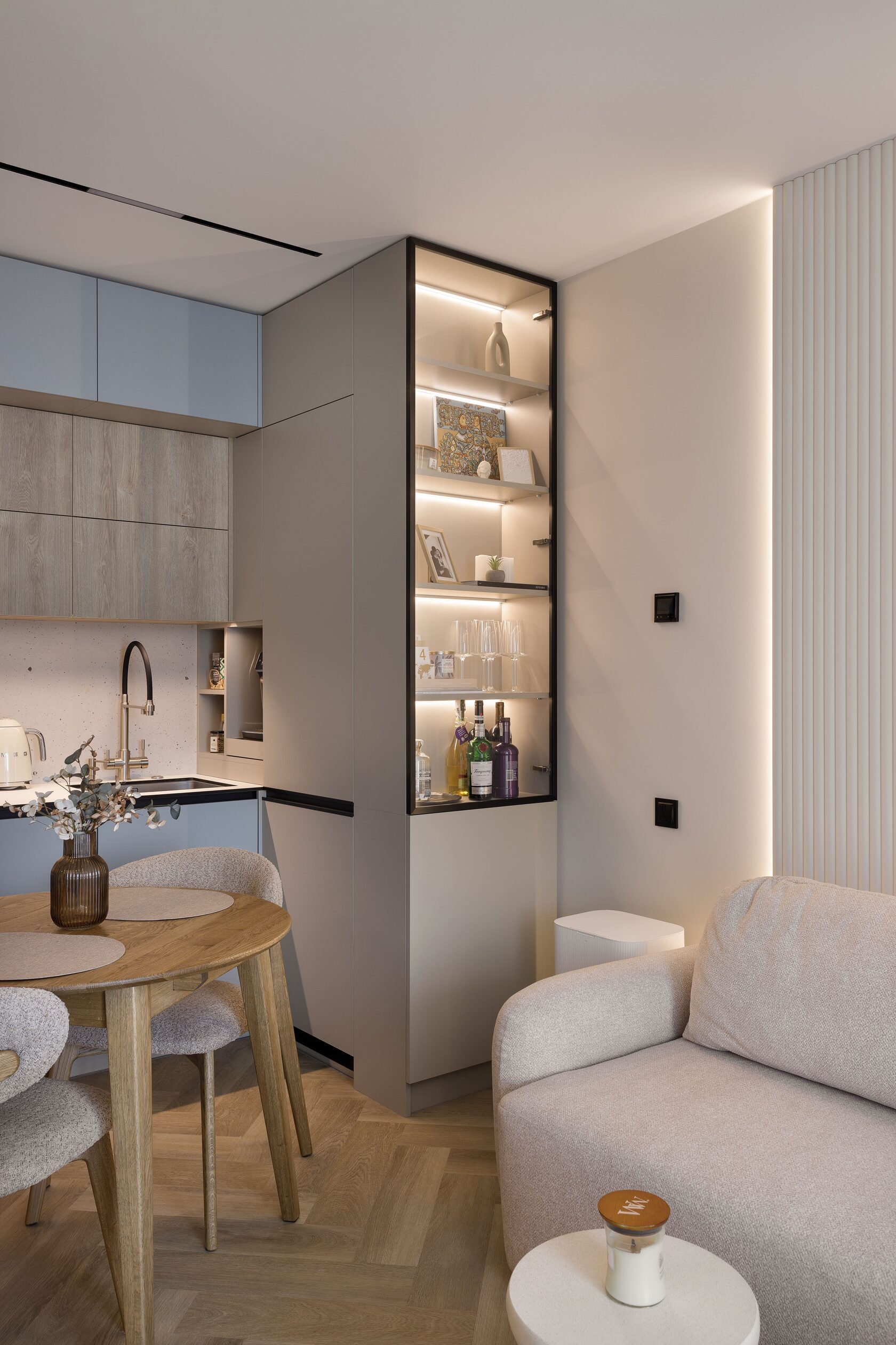     Interior design of the kitchen-living room in a one-bedroom apartment in Respublika Residential Complex, Kyiv