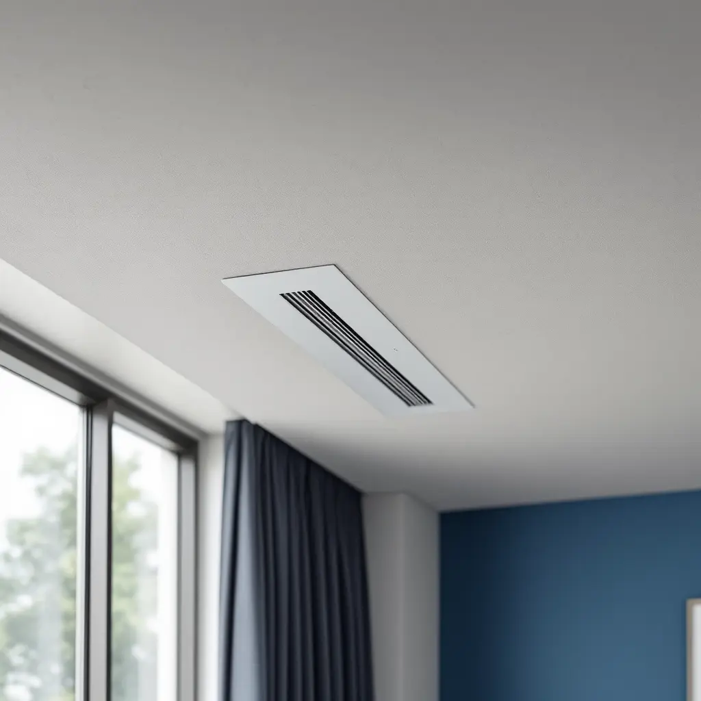 Минималистичный линейный диффузор приточной вентиляции (trimless) у окна — бесшумная подача свежего воздуха в премиальной квартире.
