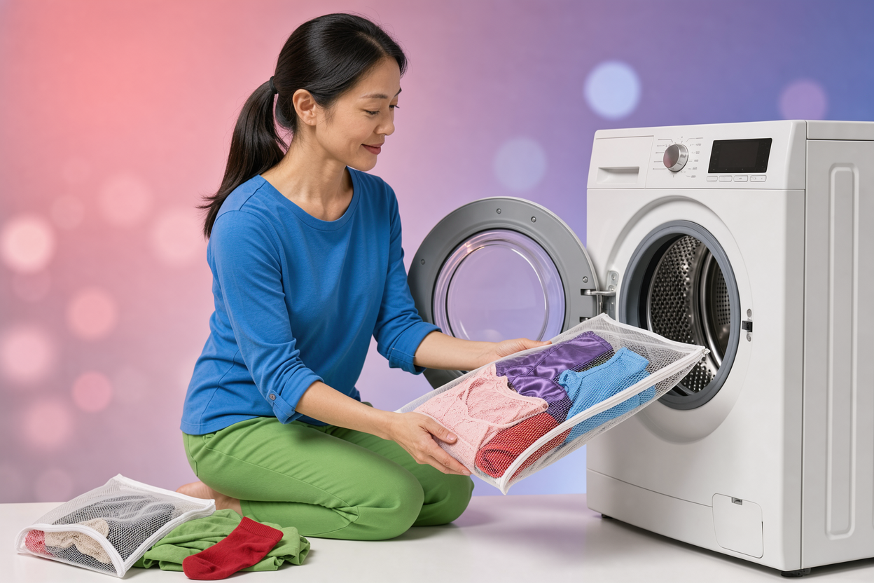 Person placing delicates into a mesh laundry bag and gently loading them into a washing machine drum, emphasis on protecting garments