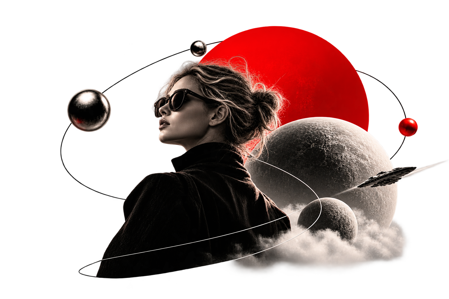 Original Nova Frame Hero with woman, red circle, chrome spheres and orbits