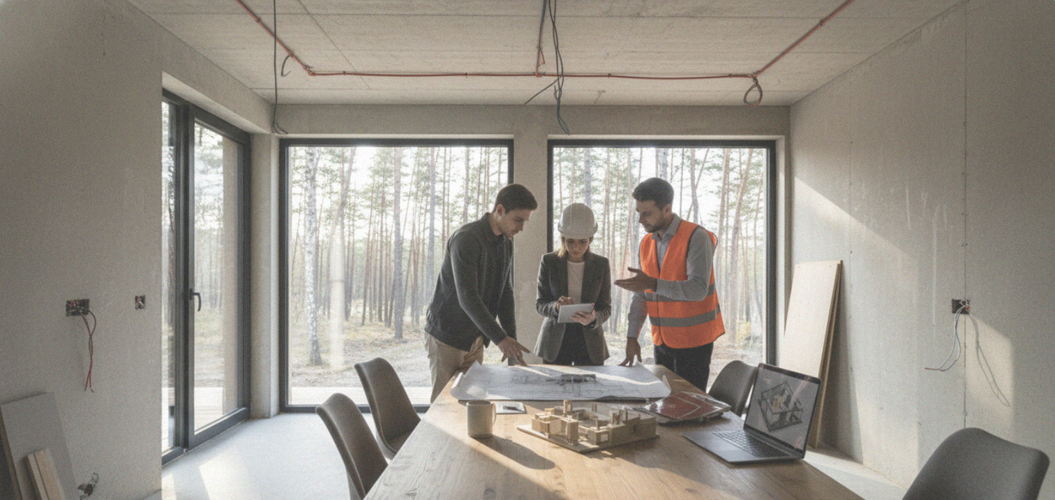 Команда архитекторов и инженеров за столом в строящемся здании, обсуждают проект, рассматривая чертежи, 3D-модель, ноутбук и планшет; один мужчина в жилете, женщина в каске; на фоне бетонные стены и лес за окном.