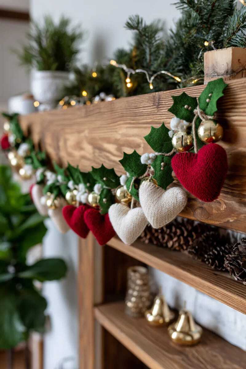 гирлянда из мягких шерстяных сердечек, золотых колокольчиков и листьев омелы 1