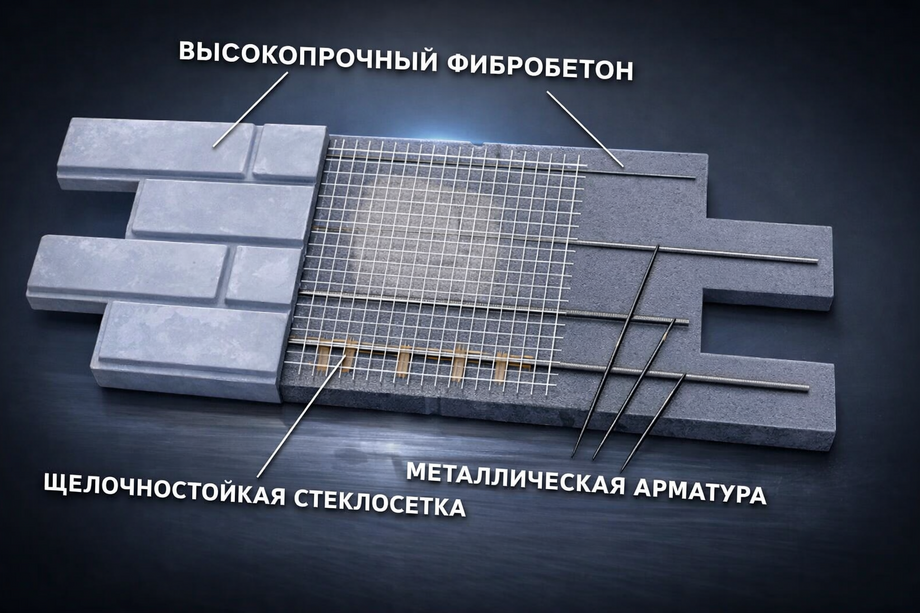 Трёхмерная схема армированной плиты в разрезе: верхний ряд — плитки из высокопрочного фибробетона, средний слой — щелочностойкая стеклосетка, нижний слой — металлическая арматура