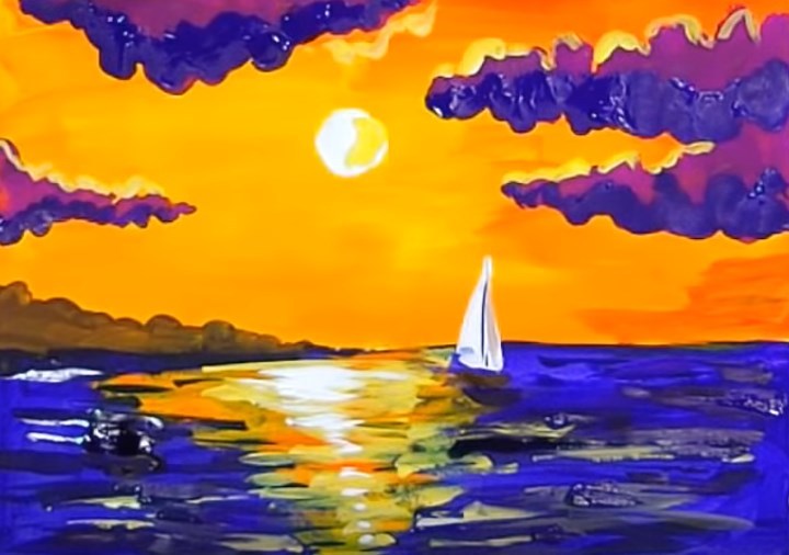 Рисунок закат на море для детей - 77 фото